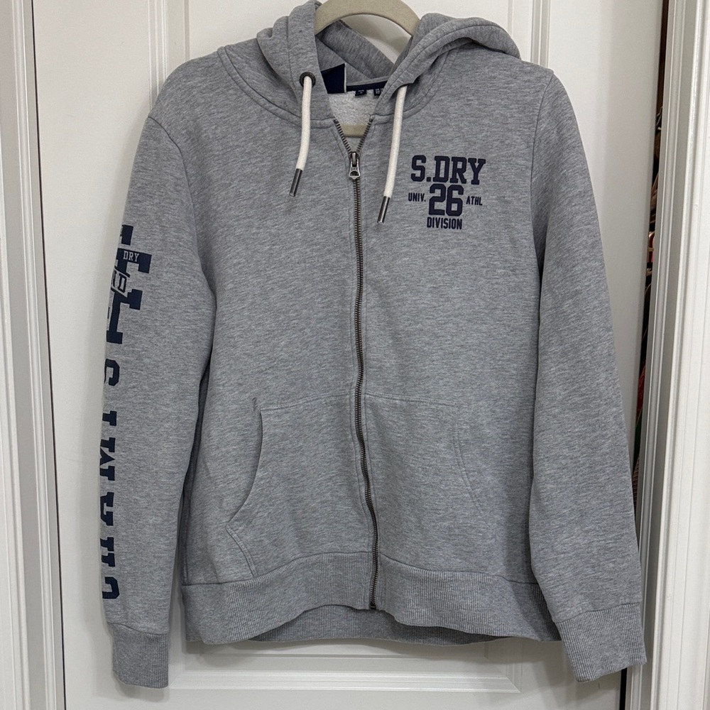 Super dry Gray Zip-Up Hoodie with Navy Print